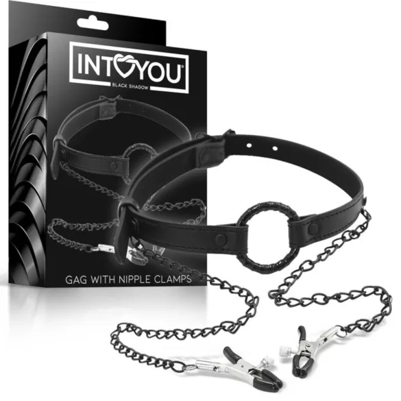 INTOYOU - Mundknebel mit Brustwarzenklemmen (schwarz)