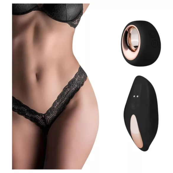 Pantyrebel - schwarzer wiederaufladbarer Lace-Tanga-Vibrator mit Funkfernbedienung (S-L)