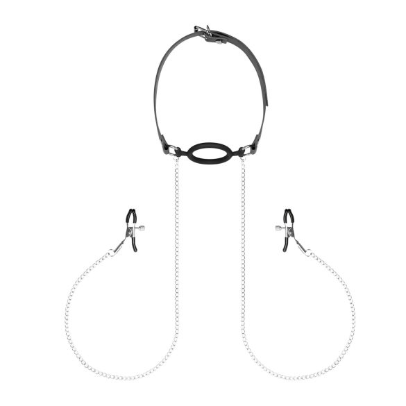 Schlafzimmerträume - Mundknebel & Nippelklemmen (silber-schwarz)