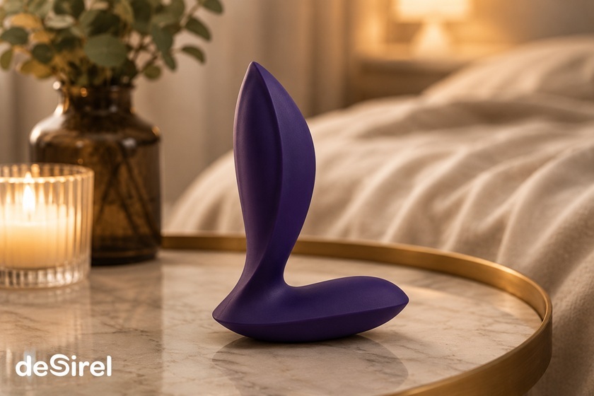 Lila Analspielzeug für Anfänger in einem gemütlichen, diskreten Schlafzimmer präsentiert | Sexshop Österreich Desirel.at
