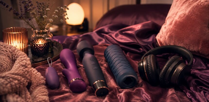 Leise Toys und Kopfhörer auf violettem Satin schaffen eine intime ASMR Sex-Atmosphäre | Sexshop Österreich Desirel.at